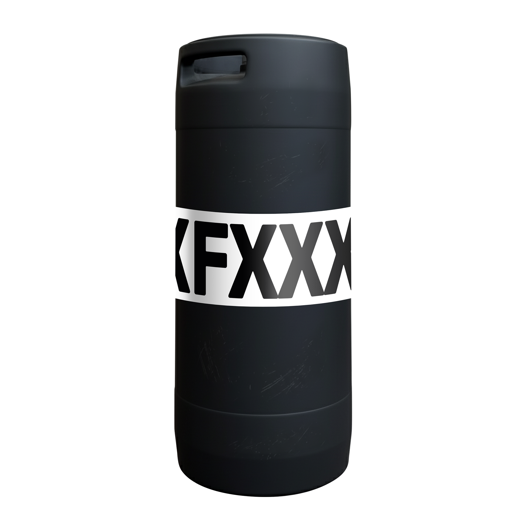 Ein schwarzes Fass mit einem weißen horizontalen Etikett mit der Aufschrift "FXXXXFXXXXR HELLES 20l Fass" der Frankfurter Brauunion steht auf weißem Grund - ideal für Ihre Zapfanlage und kompatibel mit Flachkopfanschluss-Systemen.