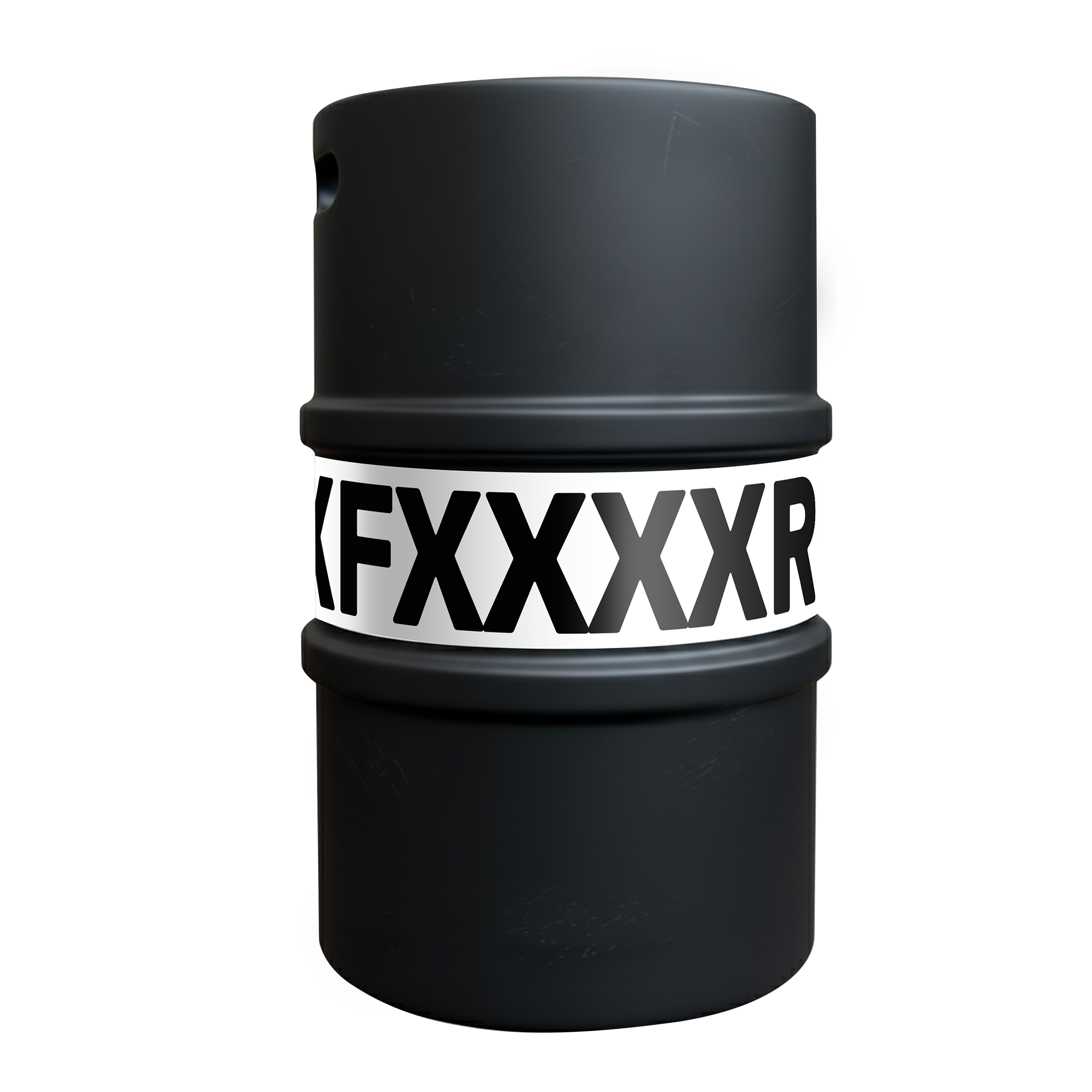 Ein schwarzes Industriefass mit einem auffälligen weißen Etikett in der Mitte, auf dem in großen Blockbuchstaben "FXXXXFXXXXR" steht. Dieses Frankfurter Brauunion HELLES 50l Fass ist für Zapfanlagen geeignet, hat einen Flachkopfanschluss und steht auf einem schlichten weißen Hintergrund.