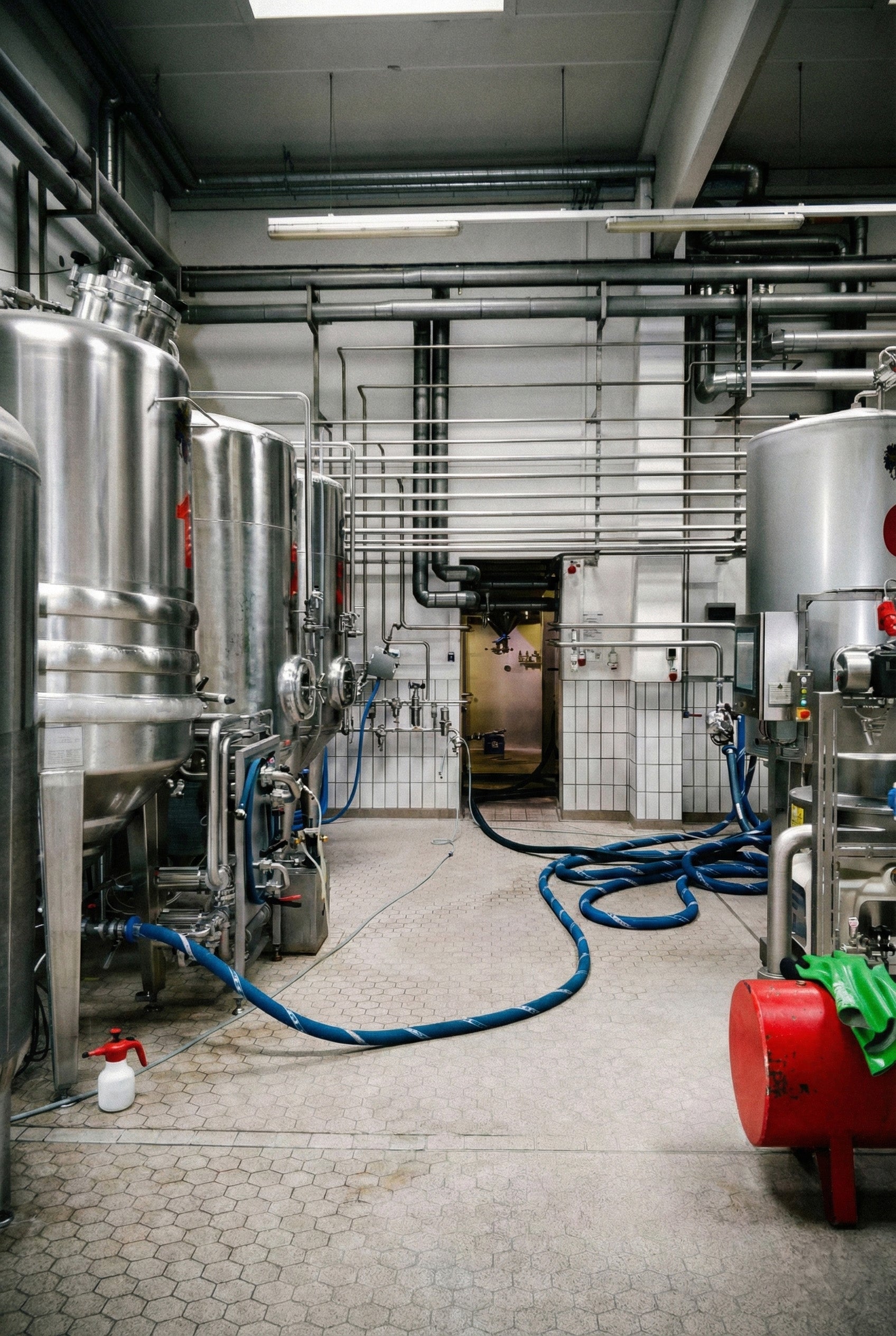 Industrielle Brauerei mit großen Metalltanks, blauen Schläuchen auf dem Boden und verschiedenen Rohren an den Wänden.