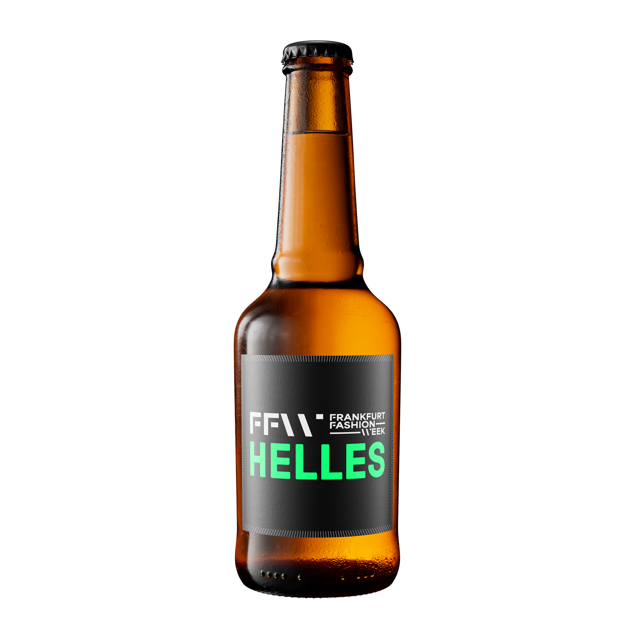 Bierflasche aus braunem Glas mit schwarzem Etikett mit der Aufschrift FFW HELLES in grüner und weißer Schrift auf hellgrauem Hintergrund.