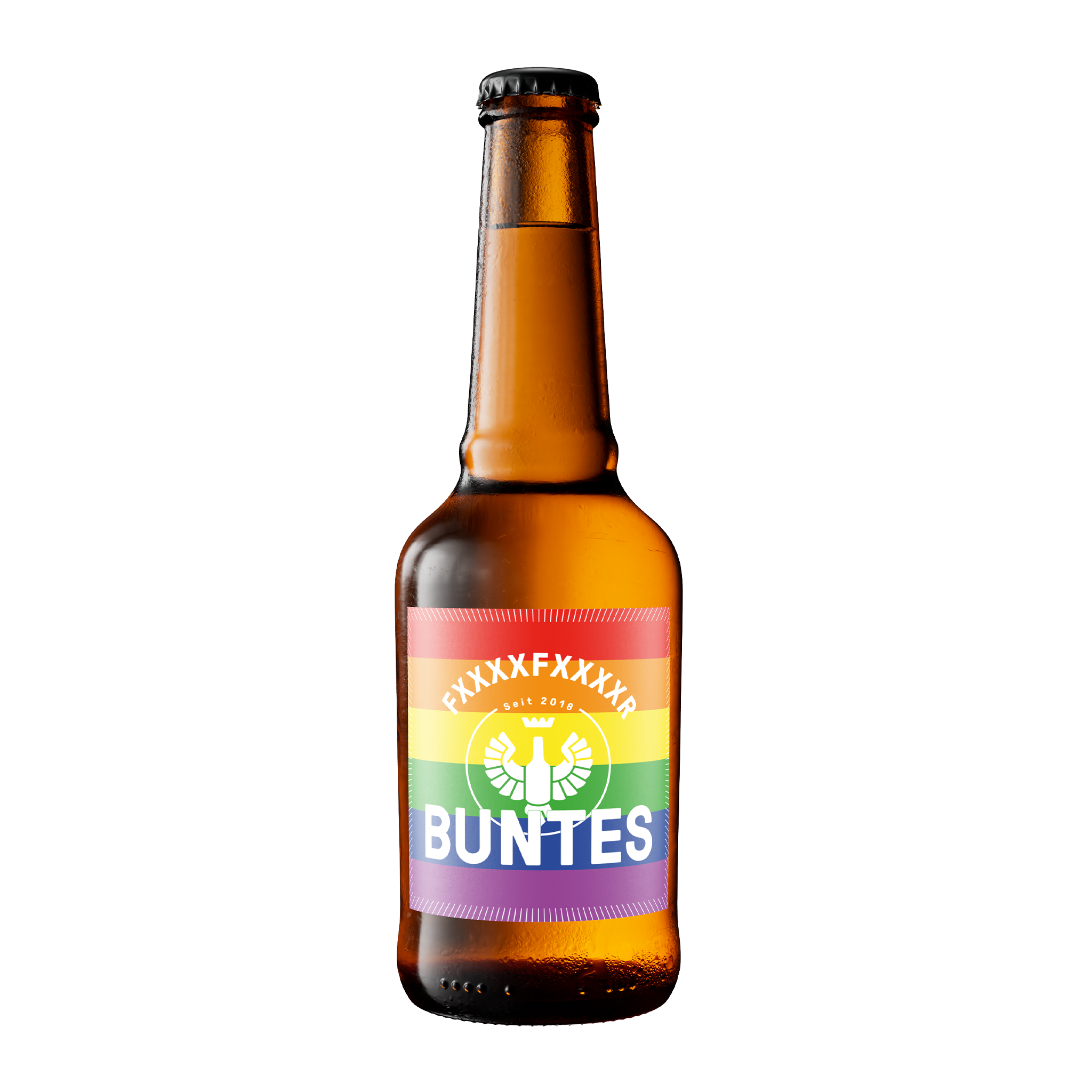 Eine braune Flasche des FXXXXFXXXXR BUNTES der Frankfurter Brauunion trägt ein regenbogenfarbenes Etikett mit dem weißen Schriftzug "BUNTES", einem Weizen- und Hopfenlogo und weißen Buchstaben über dem Logo. Dieses süffige helle Bier ist vor einem weißen Hintergrund abgebildet.