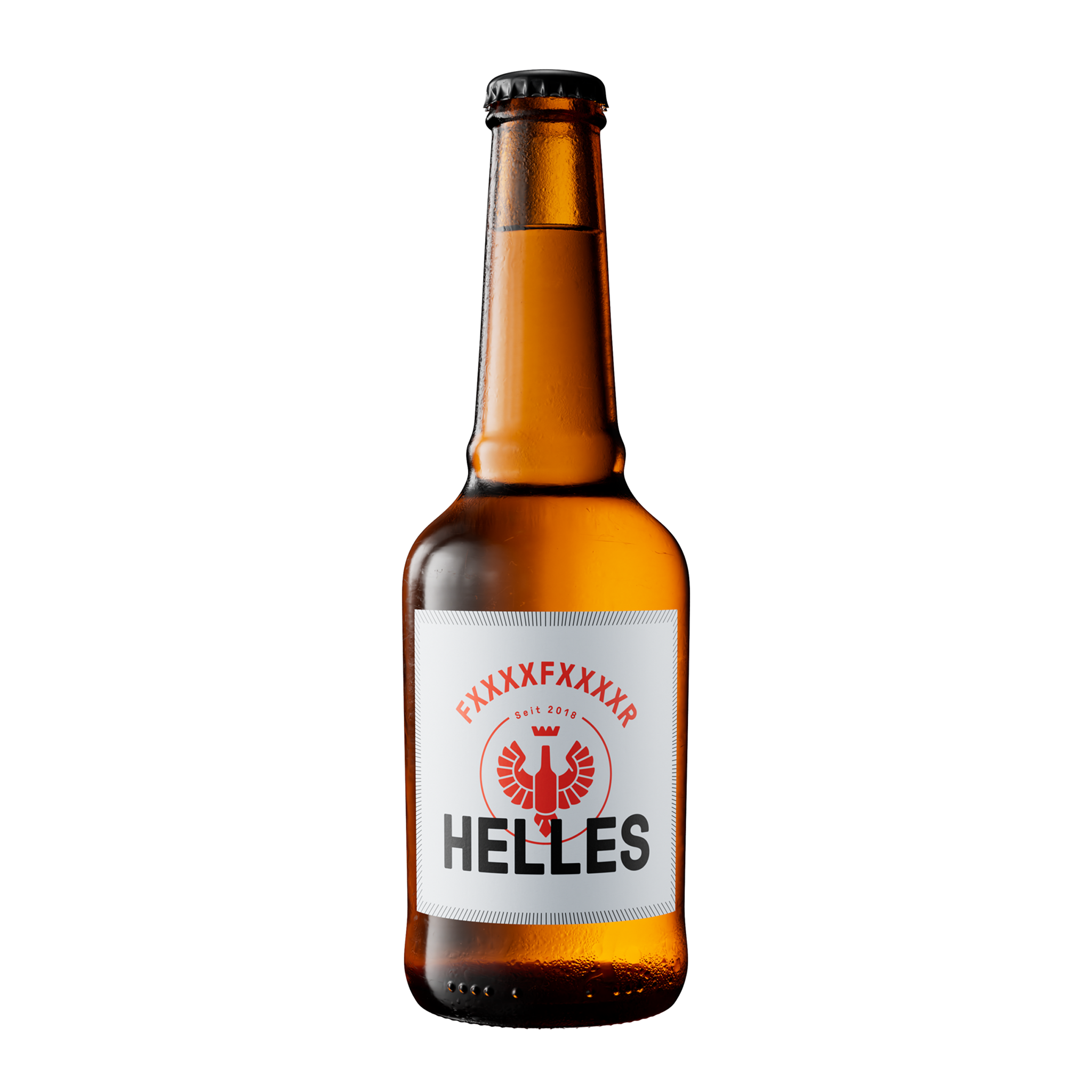 Eine braune Glasflasche FXXXXFXXXXR HELLES der Frankfurter Brauunion mit weißem Etikett und roter Adlergrafik steht vor einem weißen Hintergrund - ein klassisches deutsches Bier, das nach dem Deutschen Reinheitsgebot gebraut wird.