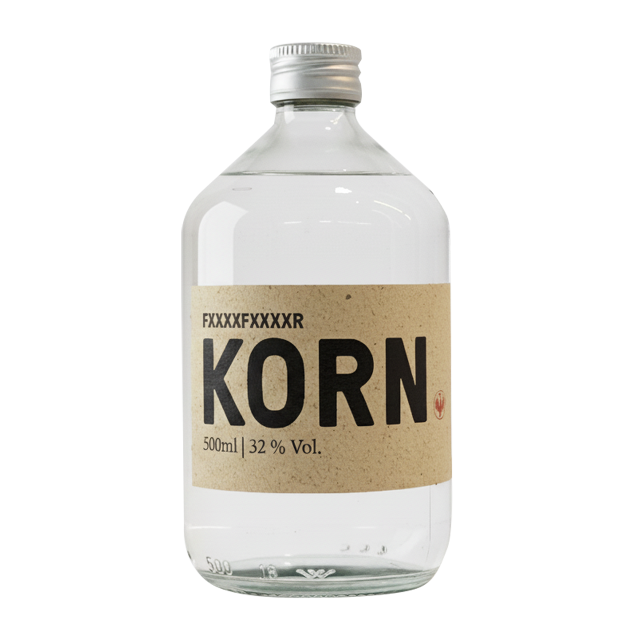 Klarglasflasche mit silbernem Verschluss, Aufschrift FXXXXFXXXXR Korn by Frankfurter Brauunion in fetten schwarzen Buchstaben und 500ml | 32% Vol. auf einem beigen Etikett; die Flasche enthält eine transparente Flüssigkeit.