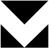 Ein auffälliger, schwarzer Chevron zeigt nach unten, vor einem weißen Hintergrund mit schwarzen Dreiecken in den oberen und unteren Ecken.