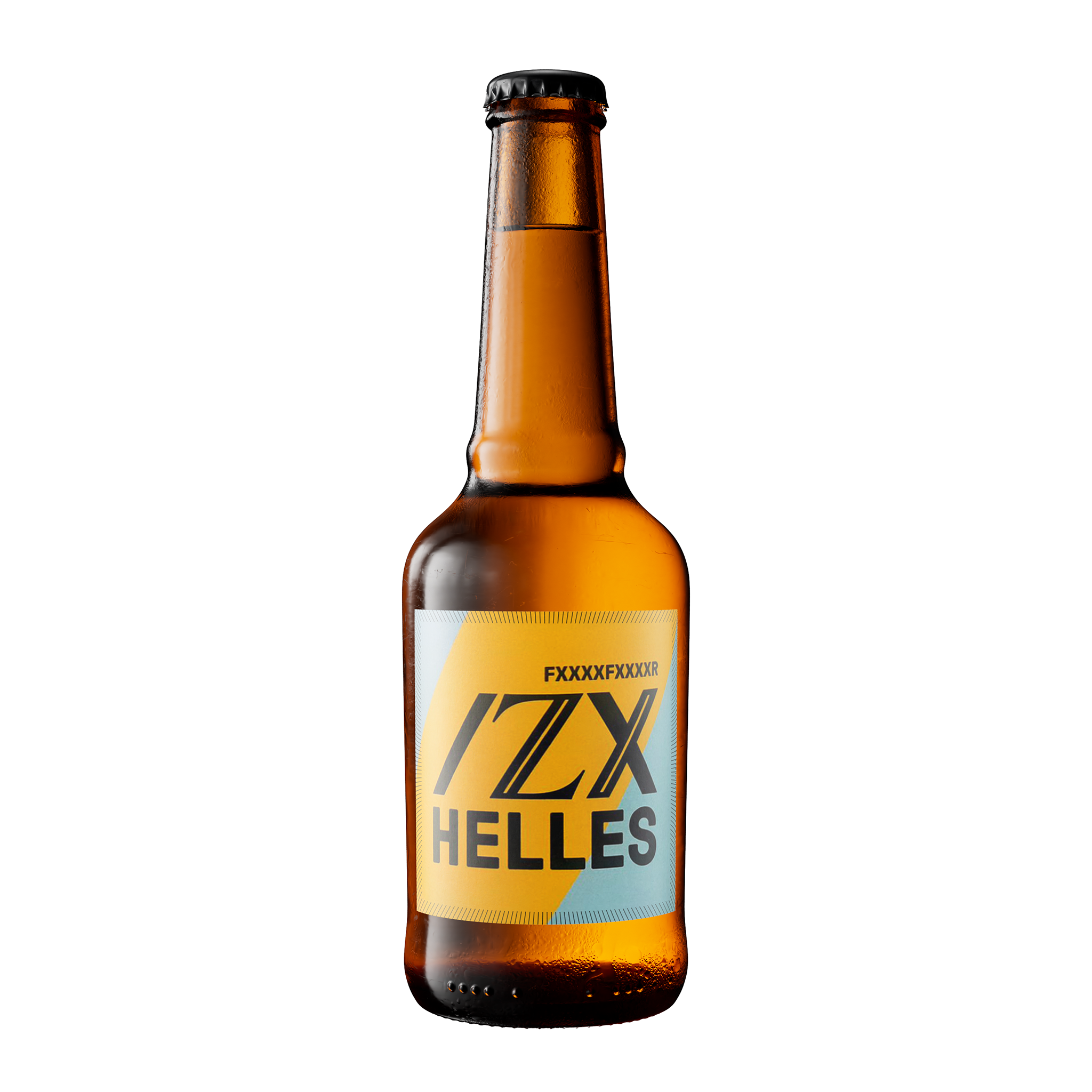 Eine braune Bierflasche mit einem gelben und blauen Etikett mit der Aufschrift Helles und stilisiertem Text auf einem schlichten weißen Hintergrund.